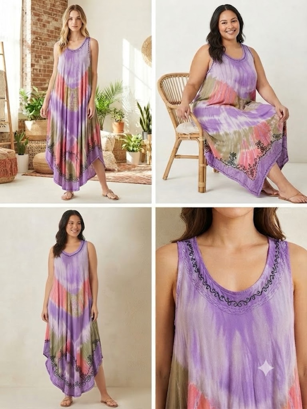 Free size Lavender Tie-Dye Boho Embroidered Maxi Dress - damaged